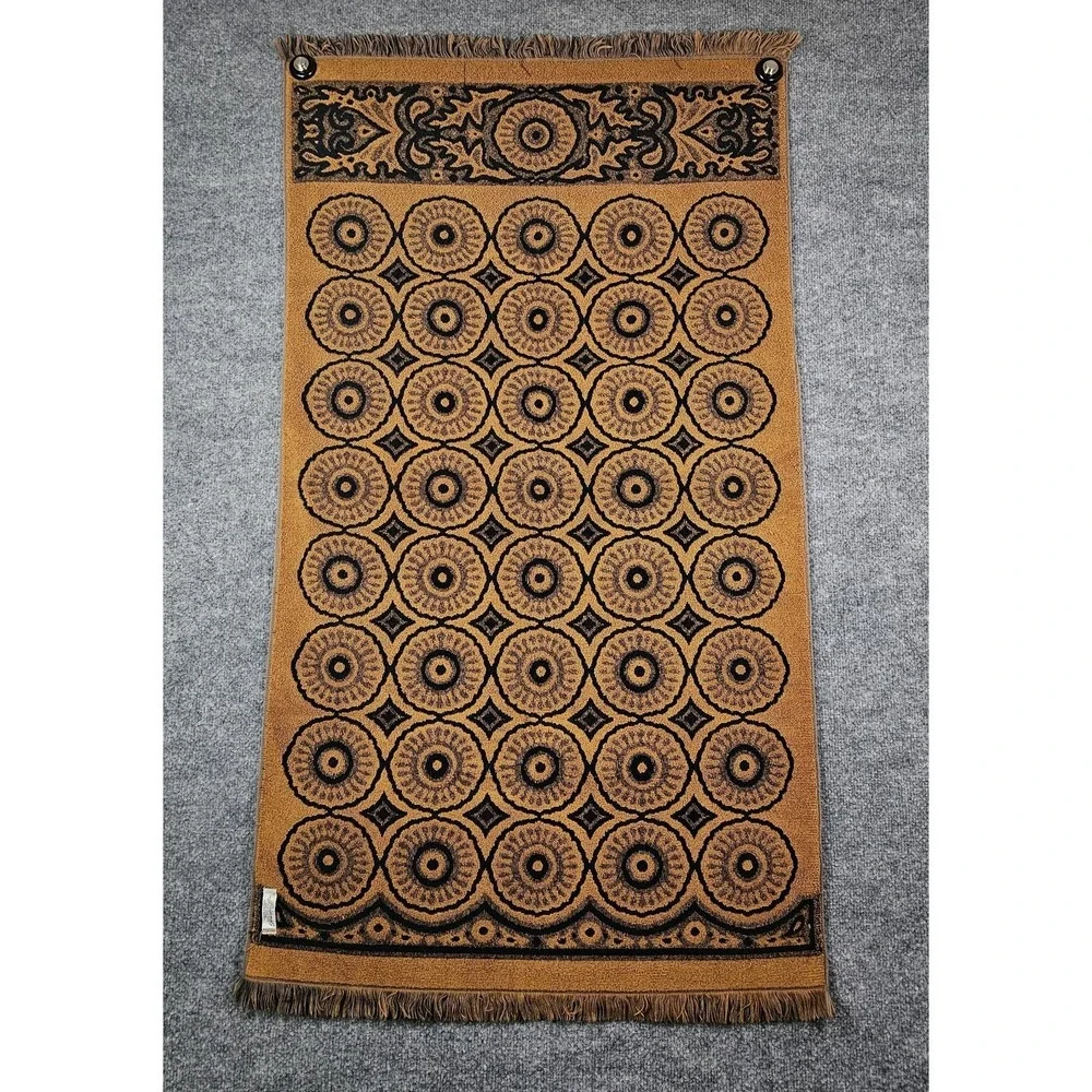 Fieldcrest Vtg MCM Hand Towel & Bath Towel Set Gold & Navy Fringe Medallion USA